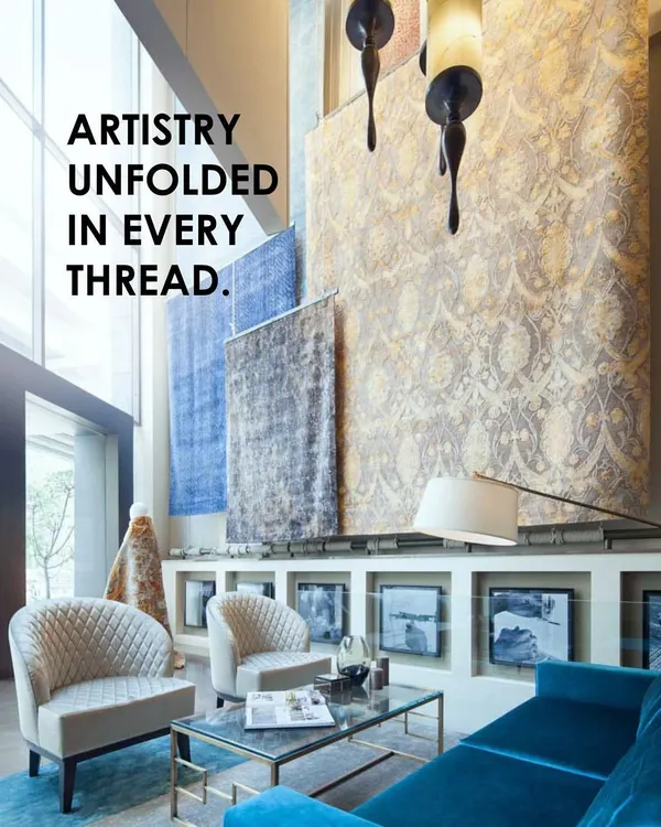 For the Hands Carpets showroom, our goal was to elevate the carpet to the stature of art. The double-height 'showstopper' display immediately captures attention, presenting the carpets as grand tapestries in a gallery-like setting.