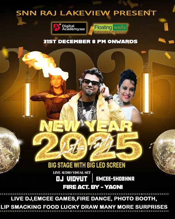 This promotional poster for a New Year's Eve 2025 party showcases a typical large-scale event I headline, complete with a big stage, LED screen, and other live acts.