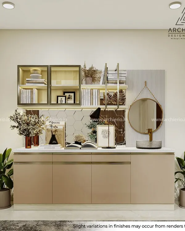 A beautifully styled crockery unit and console, showcasing how a mix of open and closed storage, decorative objects, and plants can create a statement corner.