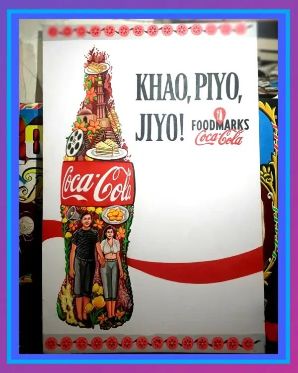 A hand-painted advertisement for Coca-Cola, designed in my signature style. The bottle is filled with intricate illustrations of food, people, and landmarks, creating a visual story.