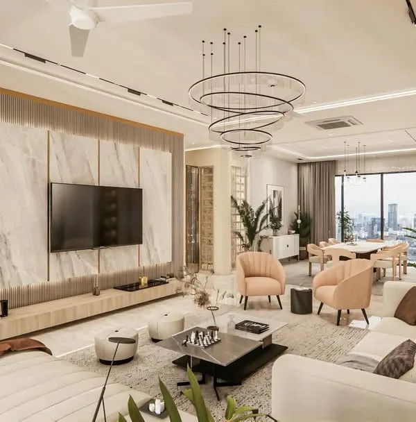 This living room is crafted with understated elegance, using a soft palette and a mix of rich textures. The design focuses on creating a comfortable, light-filled space for family life, where every piece of furniture and material is chosen for enduring quality and comfort.