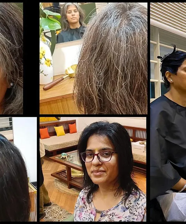 This collage perfectly captures the journey of our Ayurvedic hair colouring. You can see the process is calm and meditative, and the final result is healthy, naturally dark hair without a hint of chemical damage.