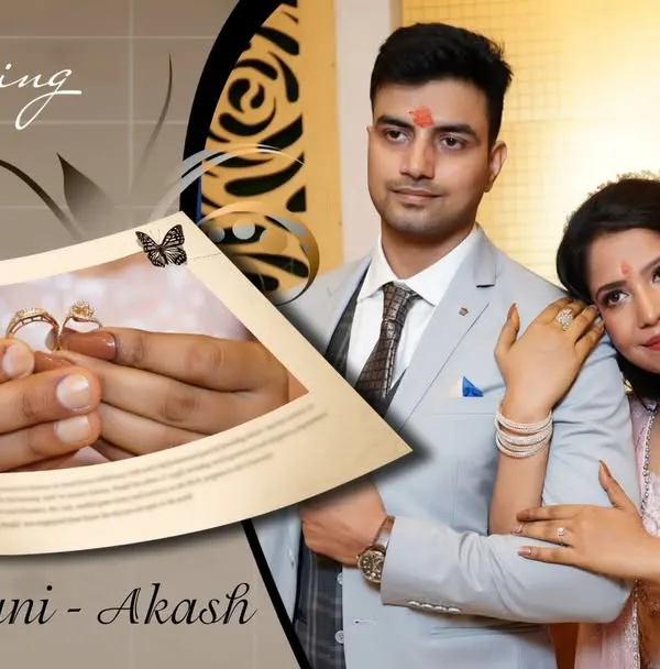 A classic photo album layout for a Ring Ceremony, featuring the couple's names, event date, and a close-up of the rings.