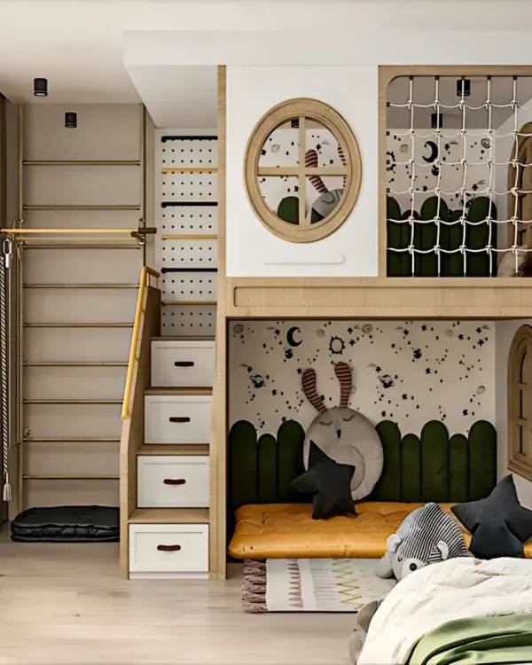 This custom loft bed design is a perfect example of how we create a complete world in a single room. It features a cozy lower bunk with playful wallpaper, a safe upper play area with a fun rope net, and unique details like a circular window to spark imagination.