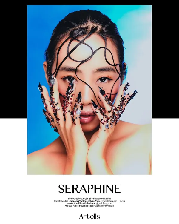 I see makeup as a wearable art form. This look, created for an editorial, plays with texture and line, using jeweled nails and sculpted hair to frame the face and create a narrative of edgy elegance.