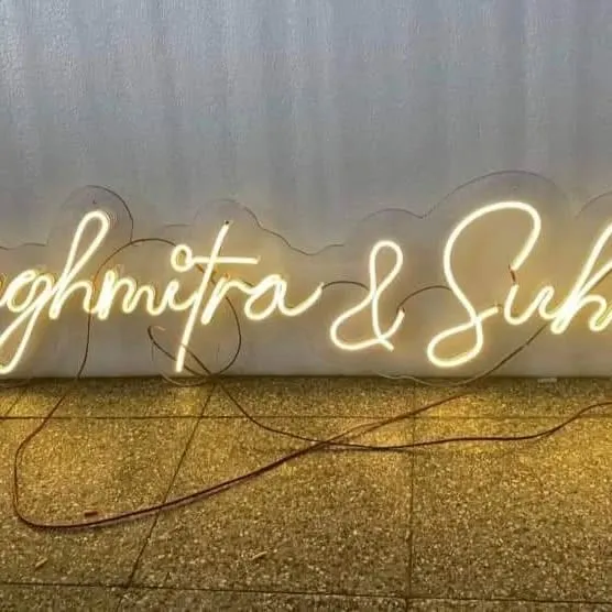 An example of a custom neon sign we created with the couple's names. These are perfect for backdrops and can be a keepsake after the event.