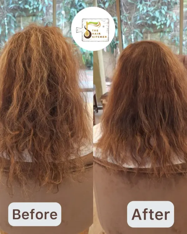 (Hero Item) This is what healthy hair looks like without any heat styling. This transformation was achieved through a proper consultation, a healthy haircut to remove damage, and using my customized, plant-based products to tame frizz and restore natural shine.