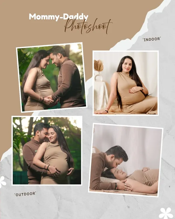 This photo story collage shows the versatility of a single session, combining outdoor nature shots with indoor studio portraits for a complete mommy-daddy photoshoot.