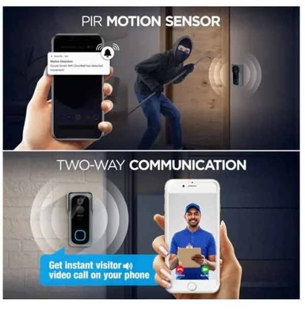 This graphic demonstrates the dual function of our Ozone Wi-Fi Video Doorbell. The PIR motion sensor sends instant alerts to your phone for potential threats, while two-way communication allows you to speak with delivery personnel or visitors from anywhere.