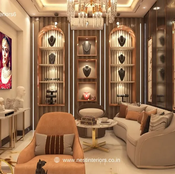 This 3D design shows a private lounge area for a luxury jewelry shop. I focused on creating a comfortable and opulent space with custom arched display niches, vertical accent lighting, and a curved sofa to make clients feel exclusive while they browse.