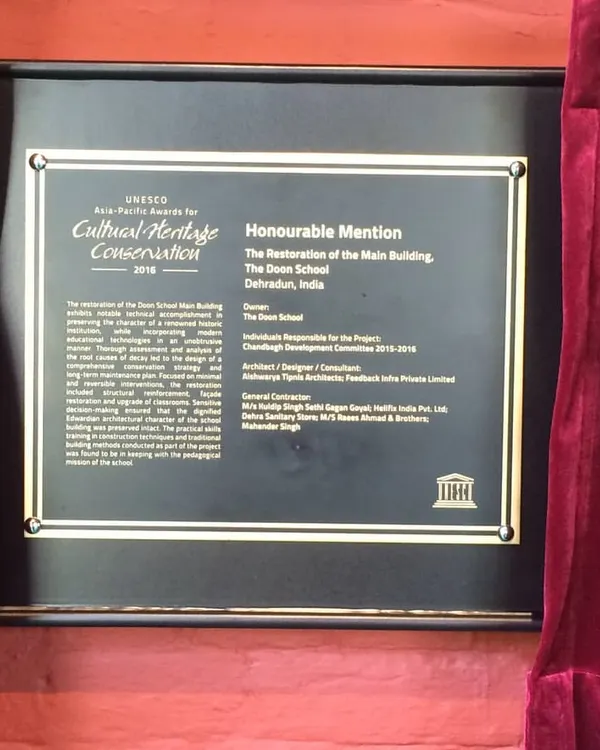 The UNESCO Asia-Pacific Awards plaque for our restoration of The Doon School's main building. This Honourable Mention is a significant validation of our conservation methodology.