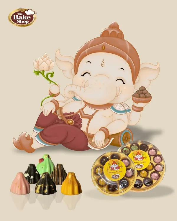 Our complete Chocolate Modak collection for Ganesh Chaturthi, beautifully presented with an illustration of Lord Ganesha. This image showcases all six unique flavors and our festive gift boxes.
