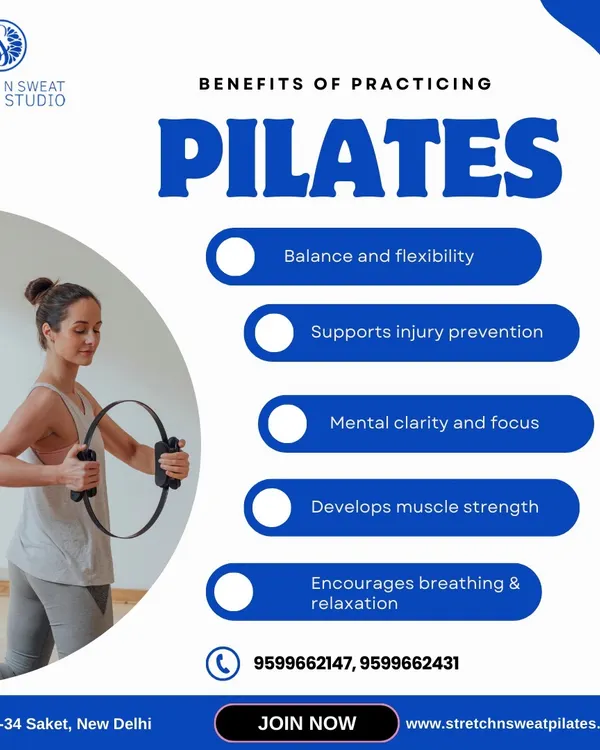 This graphic clearly lists the key benefits of practicing Pilates, including improved balance, flexibility, muscle strength, and mental clarity. It's a complete mind-body workout.