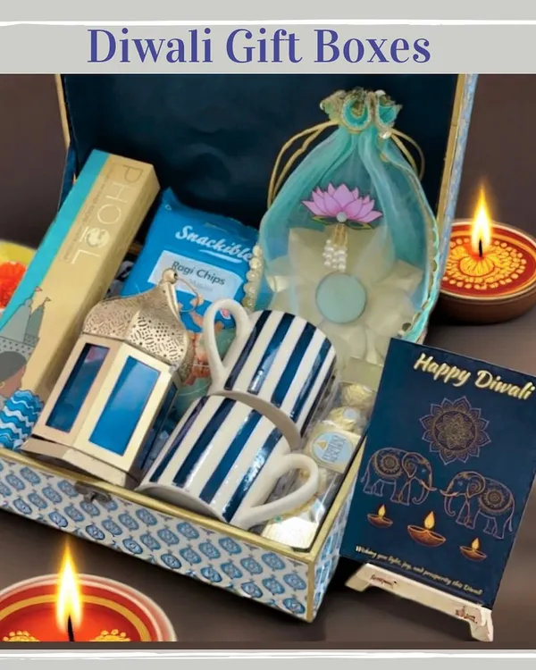 This premium Diwali gift box is designed to impress, featuring a beautiful patterned box, elegant striped mugs, a traditional lantern, and other festive treats. It’s a perfect example of how I combine modern aesthetics with traditional warmth for corporate or family gifting.