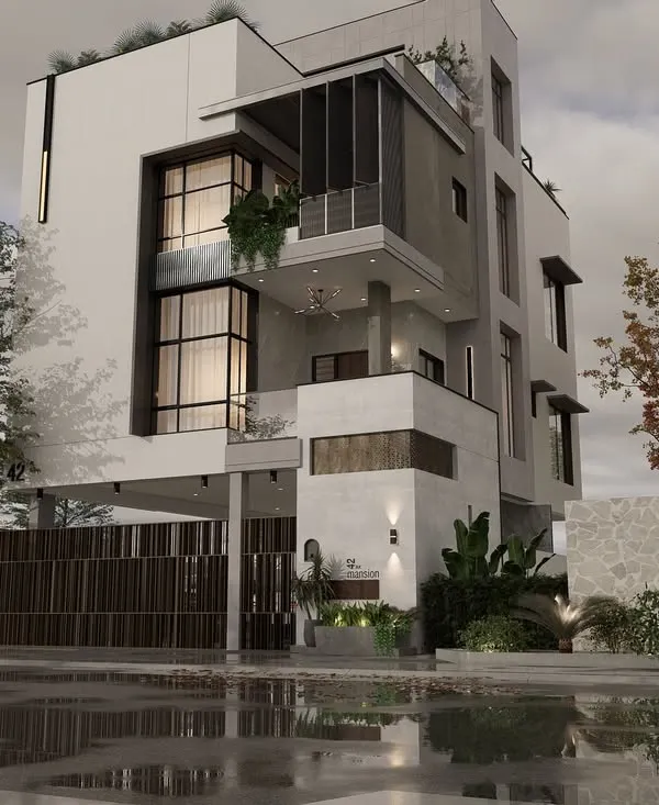This multi-story home design showcases a bold, contemporary aesthetic with large glass windows and a cantilevered structure, perfect for a modern family.