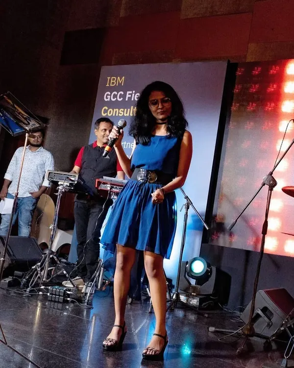 On stage with the full band at an IBM corporate event. I love performing for corporate gigs, bringing a mix of Bollywood and pop music to create an engaging and fun atmosphere.