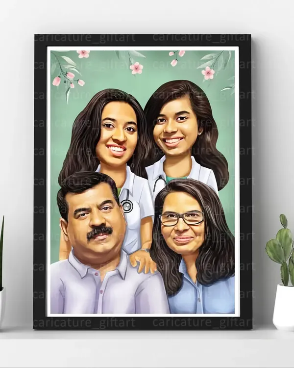 A beautiful framed caricature of a family of four. This is a wonderful way to decorate your home with a personalized and artistic representation of your loved ones.
