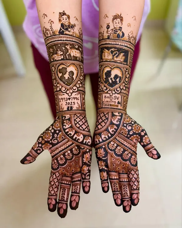 A full-coverage baby shower design for Swathi, featuring a silhouette of parents-to-be, the phrase "Baby SV Loading," and adorable baby-themed illustrations on the forearms.