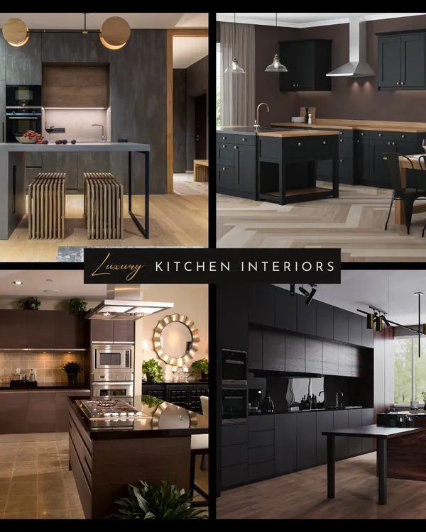 A collage of luxury kitchen interiors we can create, from industrial chic with islands to classic dark wood designs. Each is built for style and efficiency.