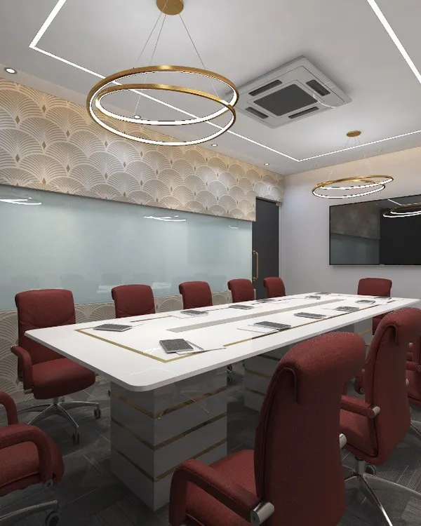 I designed this conference room to be both impressive and highly functional. The space features a custom-built table with integrated connectivity, ergonomic executive chairs for comfort during long meetings, and striking circular chandeliers that provide excellent lighting while adding a modern touch. The textured feature wall adds a layer of sophistication.