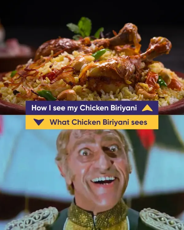 How I see my Chicken Biryani versus how my Chicken Biryani sees me. That Amrish Puri expression says it all. Can you relate to this feeling?