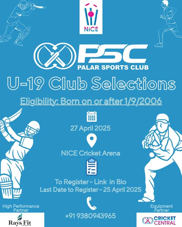 Announcement for the Palar Sports Club U-19 selections. We are always looking for talented young cricketers to join our high-performance program.