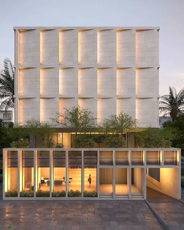 The initial 3D render of Stone Boulevard at dusk, showcasing our proposed lighting design and material finishes. This visual was a key tool in communicating the intended atmosphere of the project to the client.