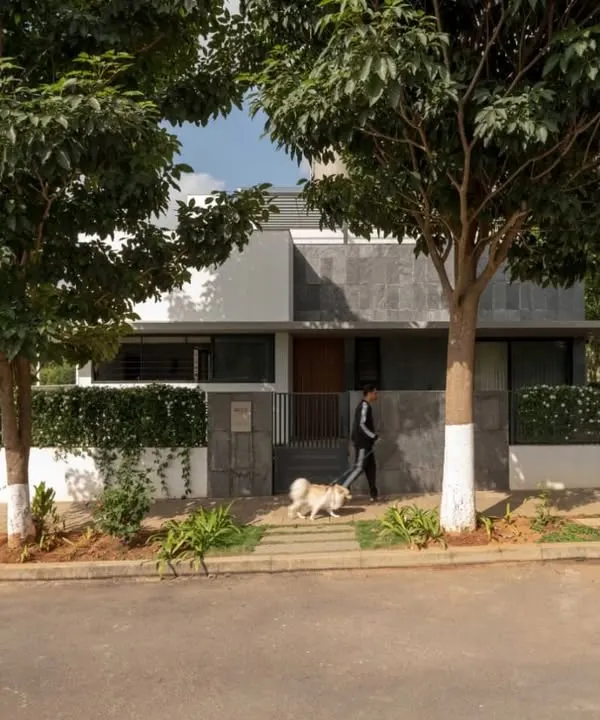 The front entrance of the DUBEY Home, designed to be pet-friendly and integrated with the neighborhood. The use of local slate stone on the facade and steps grounds the modern structure in its context.