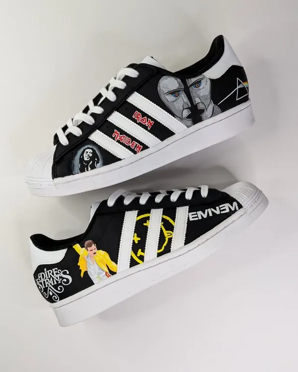 The best of the best. This custom Adidas Superstar is a tribute to some of the greatest musicians of all time, including Pink Floyd, Iron Maiden, Freddie Mercury, and Eminem.