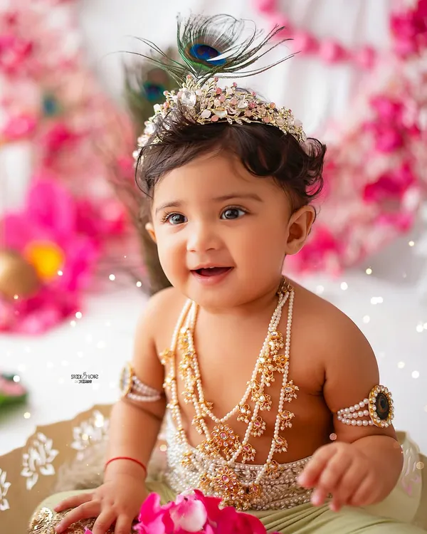 This is the smile that makes my job the absolute best. Capturing this little one's joy during his Janmashtami themed shoot was pure magic. The intricate details, the vibrant colors, and that priceless expression make this one of my all-time favorite portraits.