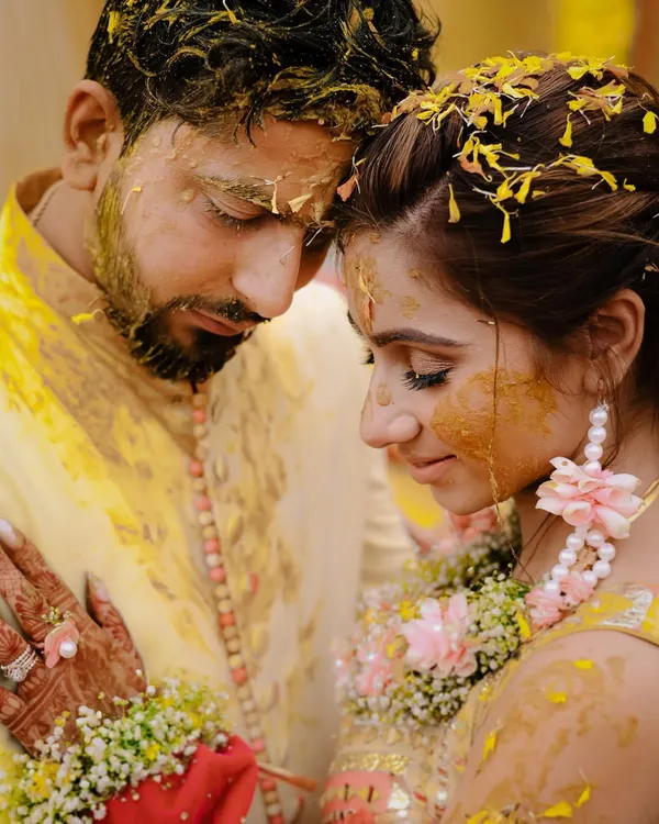 An intimate moment during a Haldi ceremony in Lucknow. After all the fun and games, I love capturing these quiet, tender portraits of the couple covered in turmeric and love.