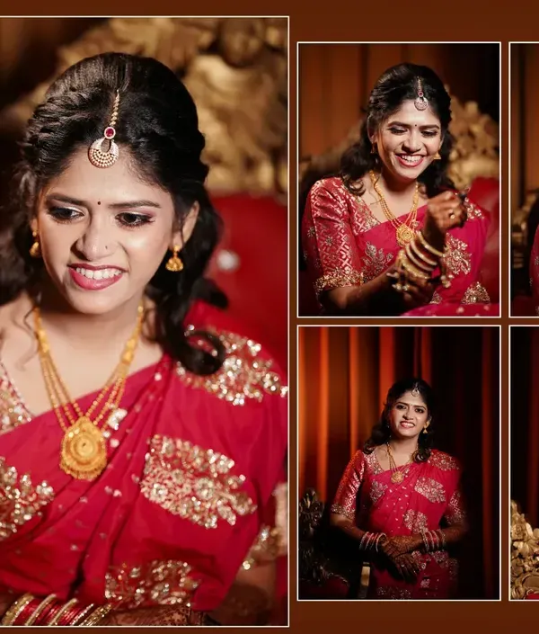 A collage of bridal portraits showing a range of expressions, from joyful laughter to elegant poses. We dedicate time to capture the bride's beauty and personality.