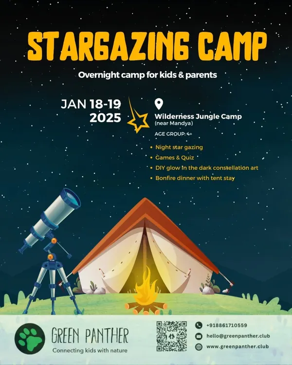 A poster for our Stargazing Camp, promising a night of cosmic wonder with telescopes, tents, and a bonfire. These overnight adventures are a chance to disconnect from the city and reconnect with the universe.