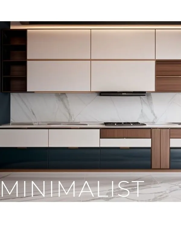 A minimalist kitchen design featuring handle-less cabinets in a mix of white, wood, and dark teal. The marble backsplash and countertop add a touch of luxury, while under-cabinet lighting provides excellent task illumination.