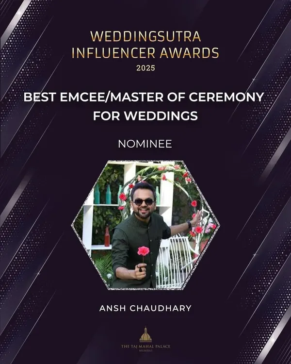 I am incredibly honored to be nominated by WeddingSutra for the 'Best Emcee/Master of Ceremony for Weddings' award. This is a testament to the trust over 2500 couples have placed in me to make their events extraordinary.