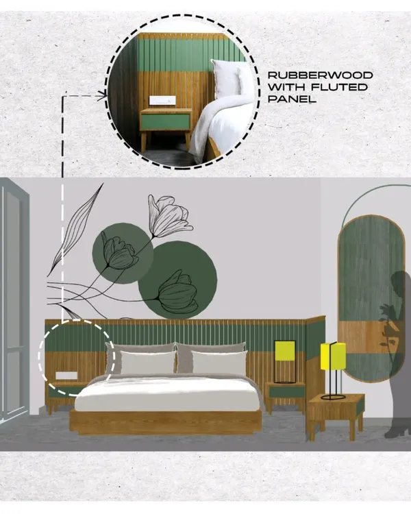 A design drawing for the T7 T8 master bedroom, detailing the rubberwood headboard with a fluted panel and the hand-painted wall motifs.