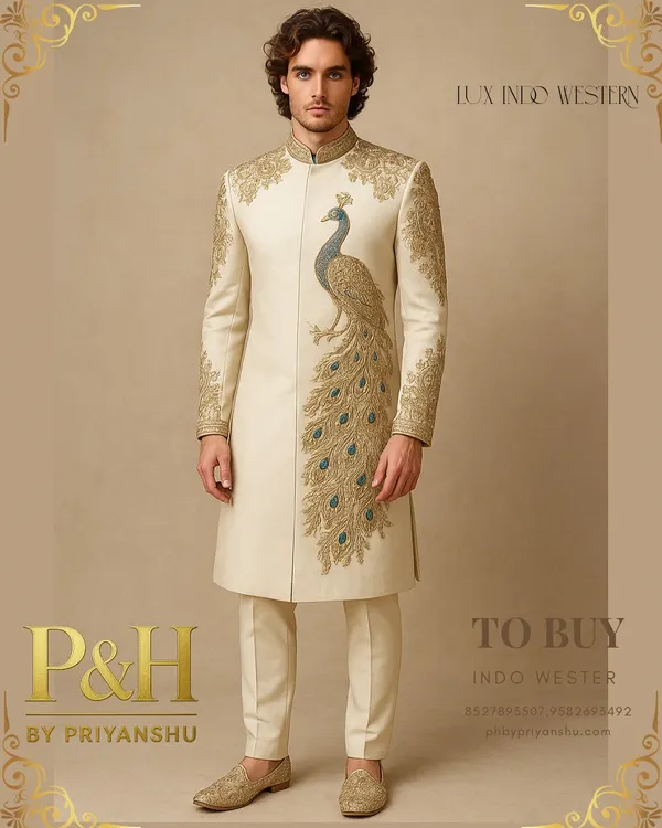 This is the centerpiece of my couture collection, an Indo-Western suit crafted from pure, lustrous silk. The design features a majestic peacock, meticulously hand-embroidered with fine threads, creating a wearable work of art that is both avant-garde and deeply rooted in Indian heritage.