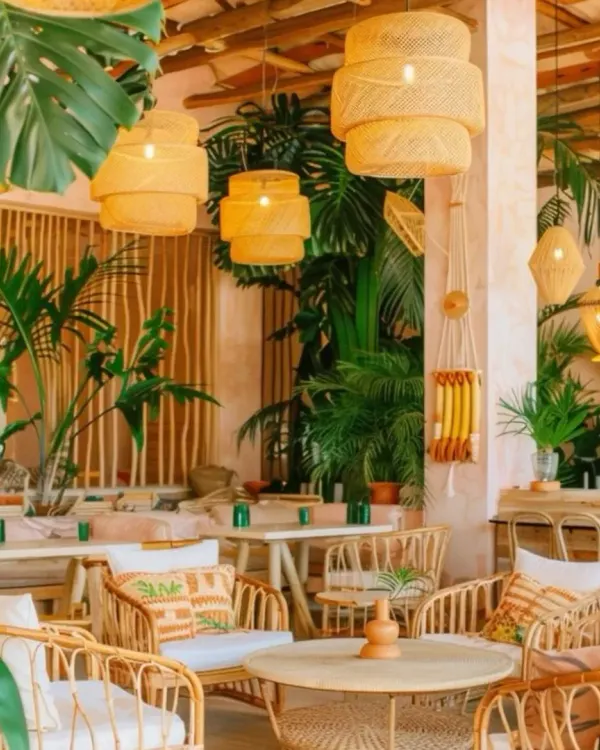A bohemian-themed seating area featuring natural rattan armchairs with comfortable white cushions. The look is completed with wooden tables and tropical plants, creating a relaxed and trendy vibe.