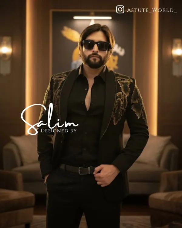 A client wearing a custom black blazer with gold floral embroidery on the shoulders. This piece is designed for a sophisticated yet bold look, perfect for evening events.