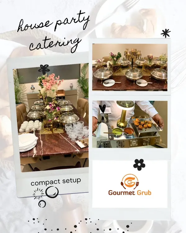 Hosting a house party has never been easier. This collage shows a compact yet elegant setup for an intimate gathering of 15, proving that even small events can have a big impact with the right catering.