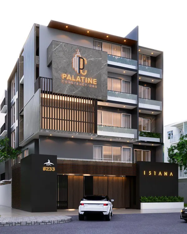 This is the architectural design for 'Istana,' an upcoming luxury apartment building in Mysore. We designed the facade to be modern and striking, using a mix of grey tones, marble cladding, and wood-look louvers to create a sophisticated and contemporary landmark.
