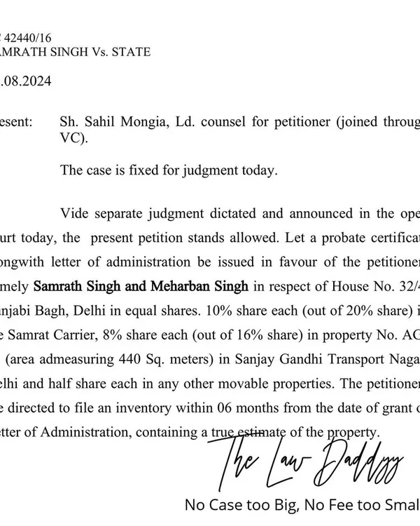 The court order from a significant probate case victory. We successfully resolved a 16-year-old inheritance dispute in just six months, getting fraudulent wills rejected and ensuring the rightful heirs received their property as per the parents' true wishes.