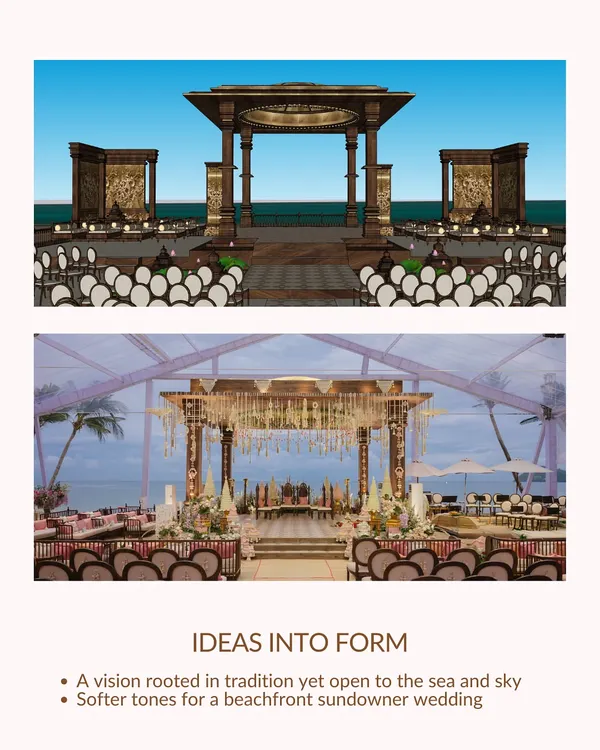 From idea to reality. This image shows the journey of our beachfront mandap in Vietnam, from the initial 3D render to the final stunning structure. This is how we ensure our vision aligns perfectly with what we deliver.
