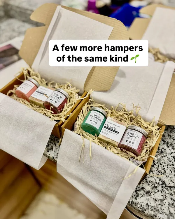 A closer look at our custom hampers, featuring a mix of our artisan soaps, body polishes, and bath soaks. We use natural shredded paper to cushion the products, ensuring they are presented beautifully and securely.