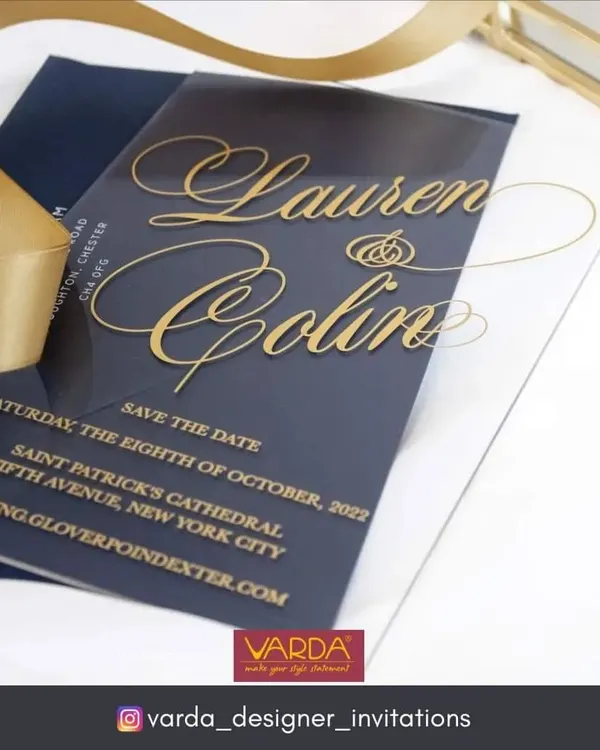 A stunning example of modern luxury, this 'Save the Date' is crafted from transparent acrylic with elegant gold script. The minimalist design is both chic and impactful, setting a sophisticated tone for a contemporary wedding.
