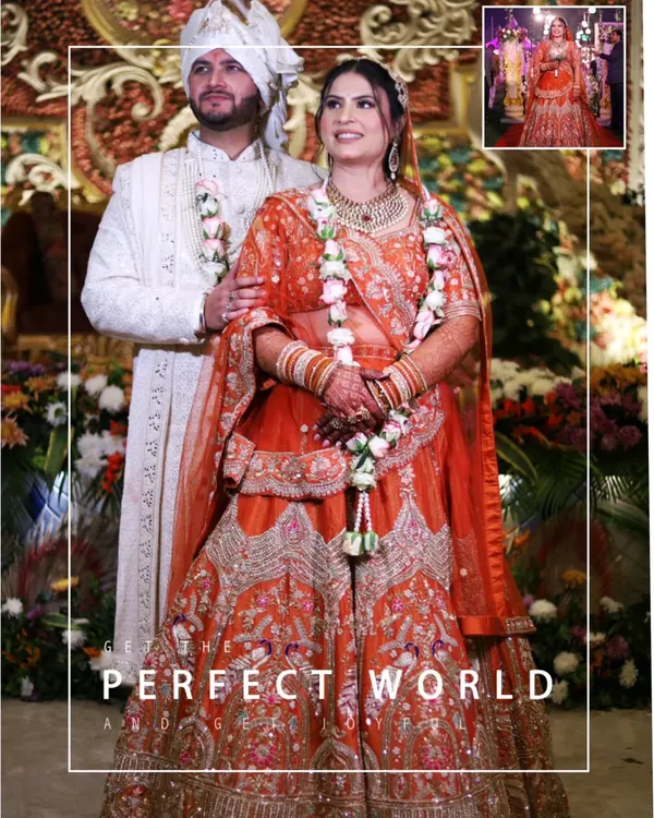 An example of a creative album layout, featuring a full-length couple portrait with a small inset photo. This style adds a modern touch to your wedding album.