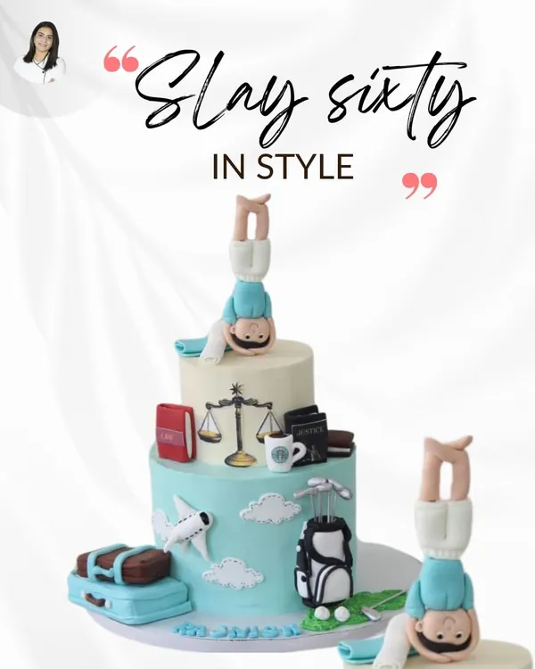 This highly personalized multi-tiered cake was designed to celebrate a 60th birthday, capturing the recipient's passions for yoga, law, travel, and golf. Each tier tells a part of their story through detailed, handcrafted fondant figures and elements.