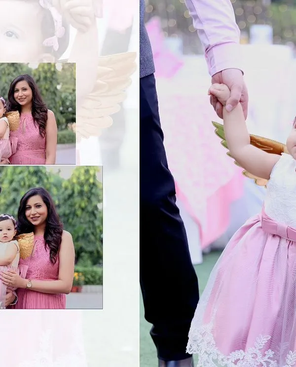 An example of a page from one of our custom photo albums. We combine posed portraits with candid moments to tell the full story of your child's first birthday.