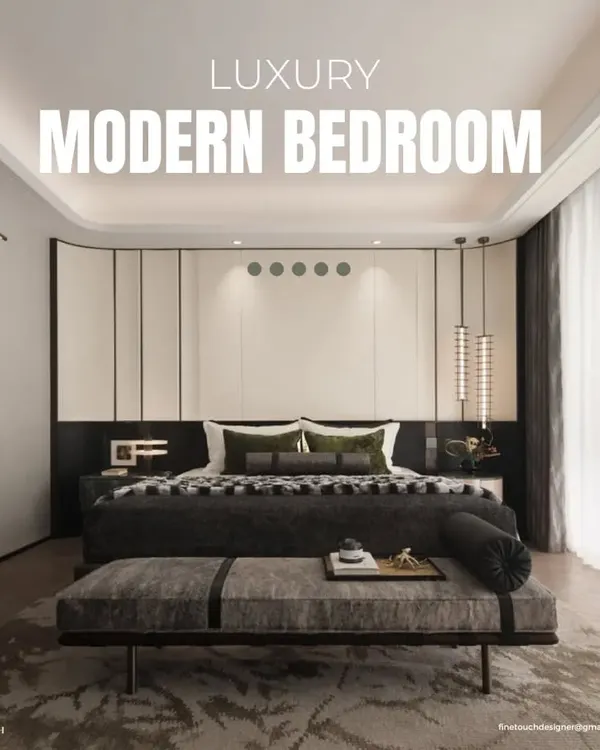 A preview of a luxury modern bedroom design, defined by its bold, dark color palette and sophisticated material choices. The low-slung bed and integrated bench create a hotel-like experience of comfort and style.