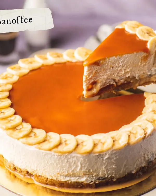 My Banoffee cheesecake is a slice of pure indulgence. A creamy banana and toffee filling on a biscuit base, it's a journey so divine.
